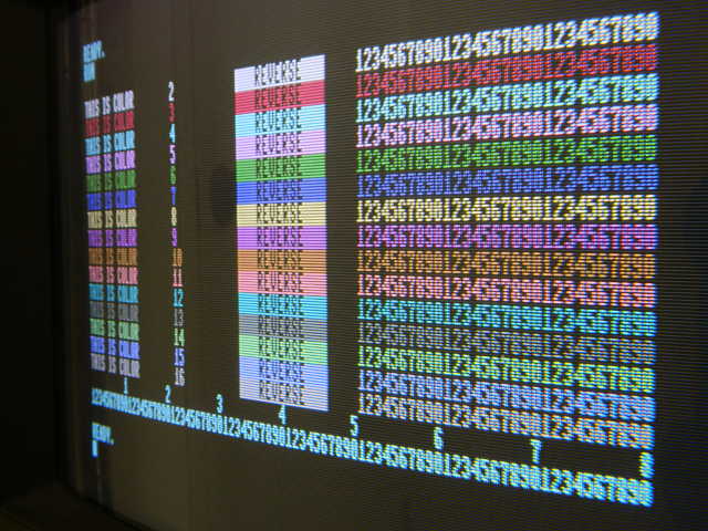 80-column video output from Commodore 128 computer via Syncopated Systems BIT-C-128 Video DAC on analog display monitor with cathode ray tube (CRT)